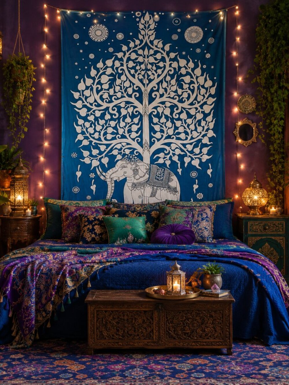 Turquoise Color Tribal Elephant Theme Boho Bohemian Cotton Wall Bed Tapestry NEW - Picture 2 of 3